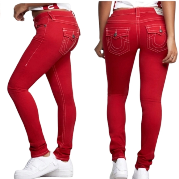 True Religion Stella Low Rise Skinny Jeans Size 27 Red Stretch Denim Logo - Picture 2 of 16
